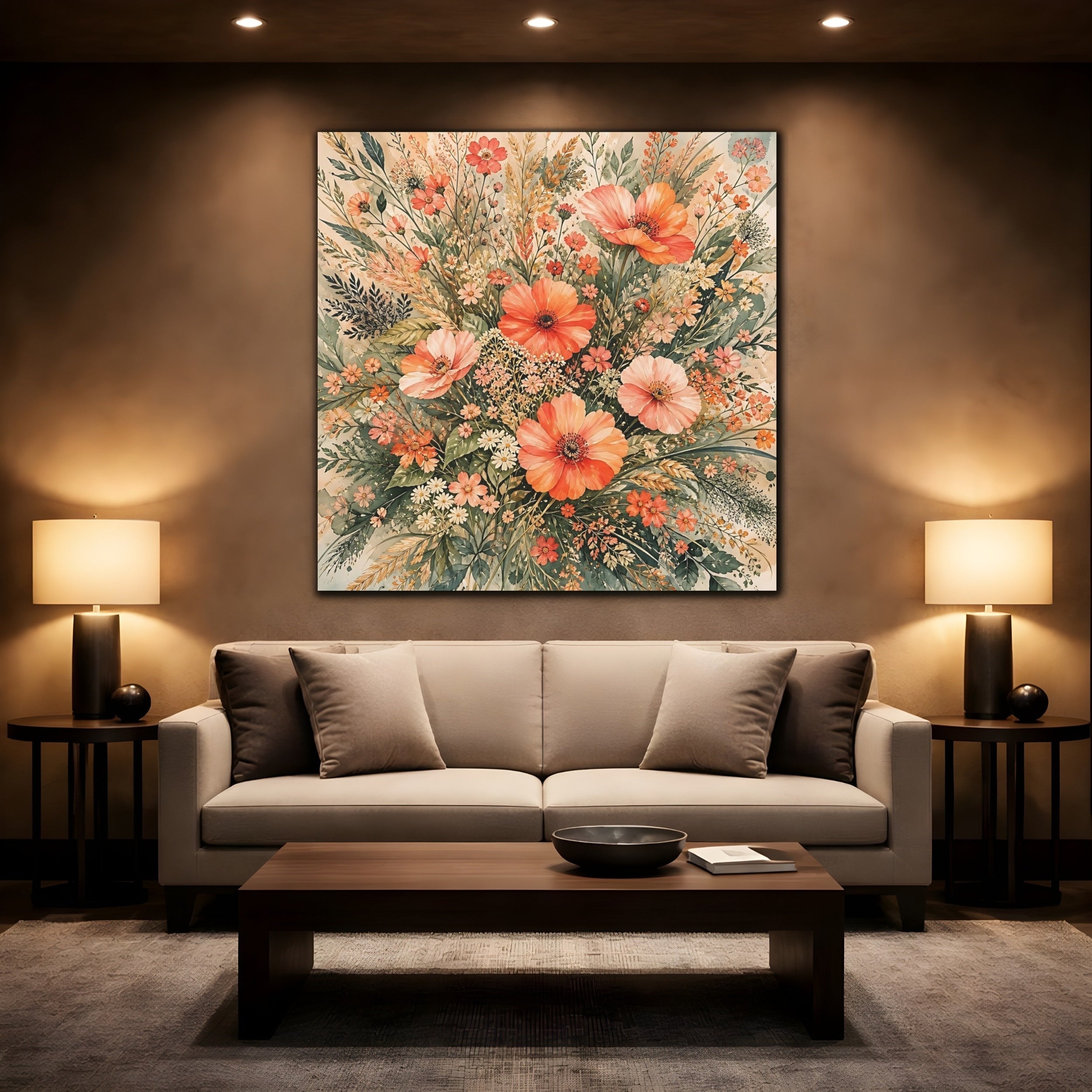 Mockup 2. Floral Wildflowers Peach Floral shown as stretched canvas wall art