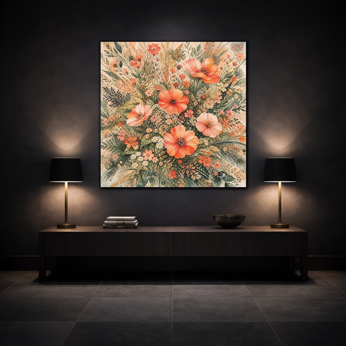 Mockup 3. Floral Wildflowers Peach Floral shown as stretched canvas wall art