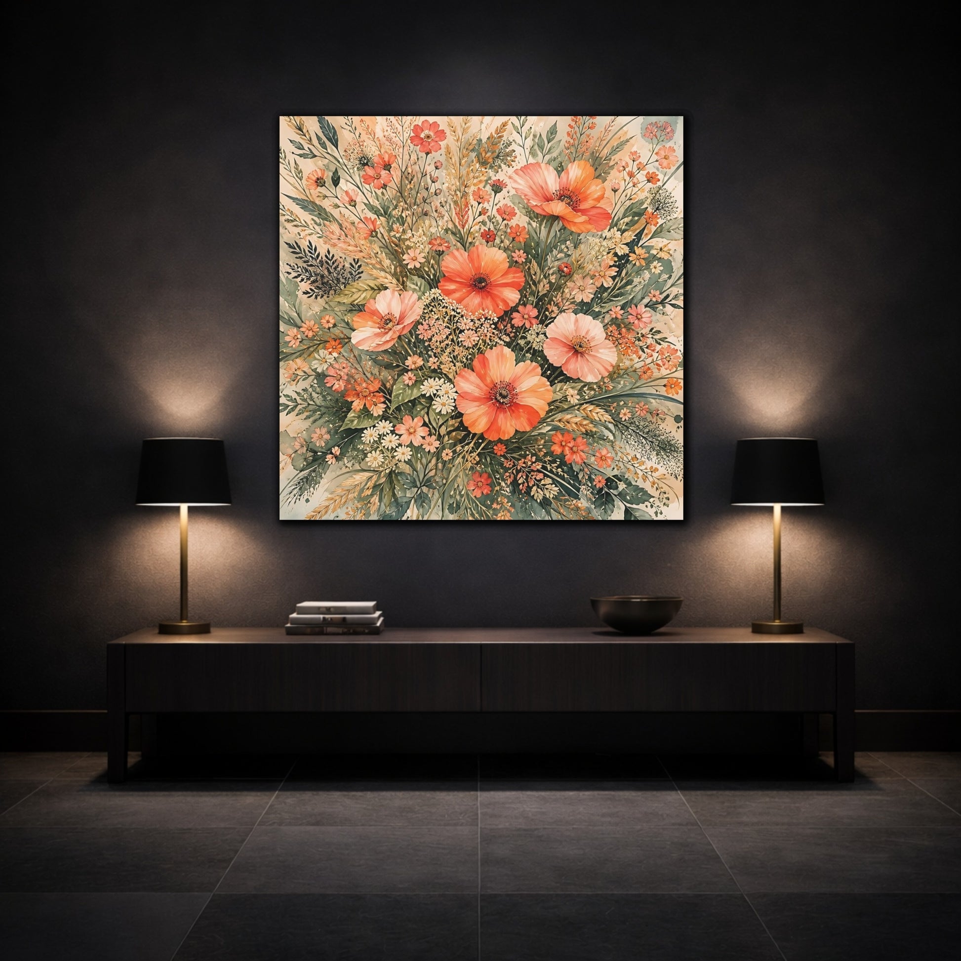 Mockup 3. Floral Wildflowers Peach Floral shown as stretched canvas wall art