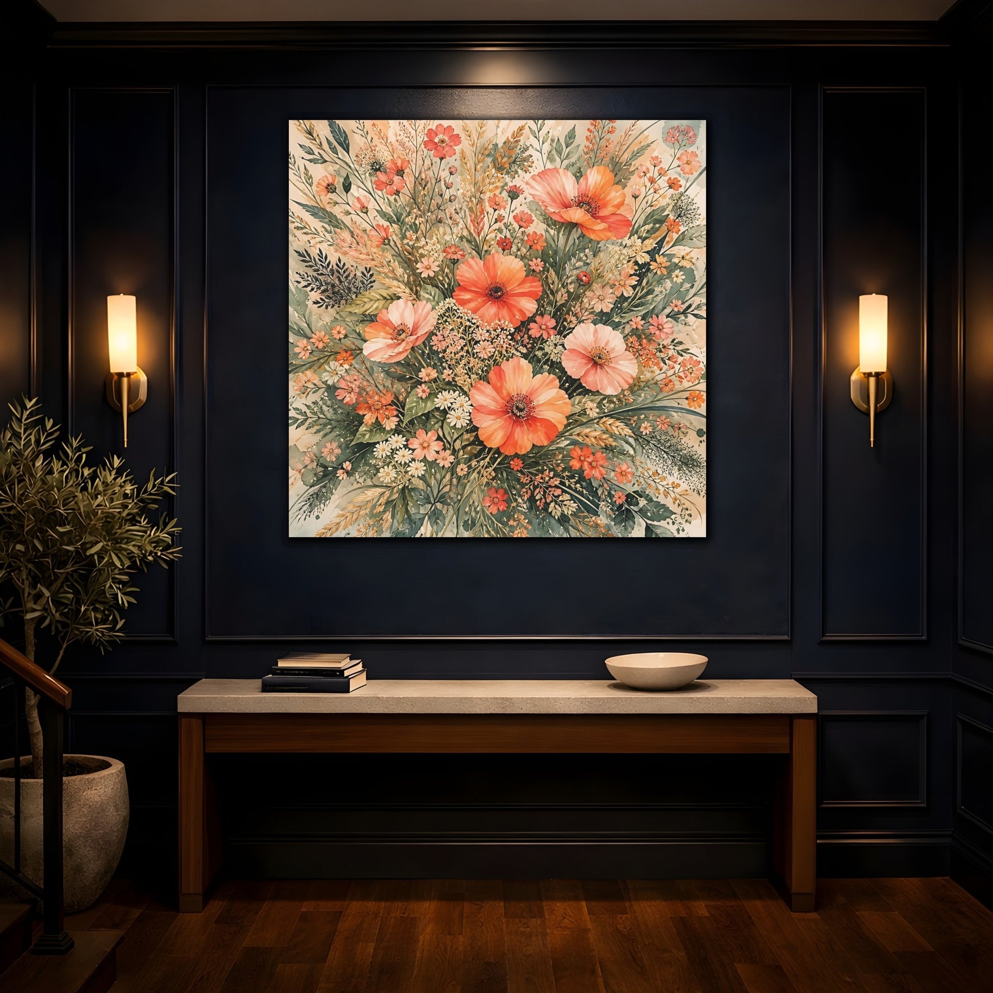 Mockup 4. Floral Wildflowers Peach Floral shown as stretched canvas wall art