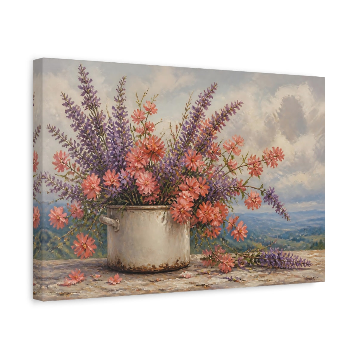 Side Mockup 4. Floral Wildflowers Pink Purple Flowers shown as stretched canvas wall art