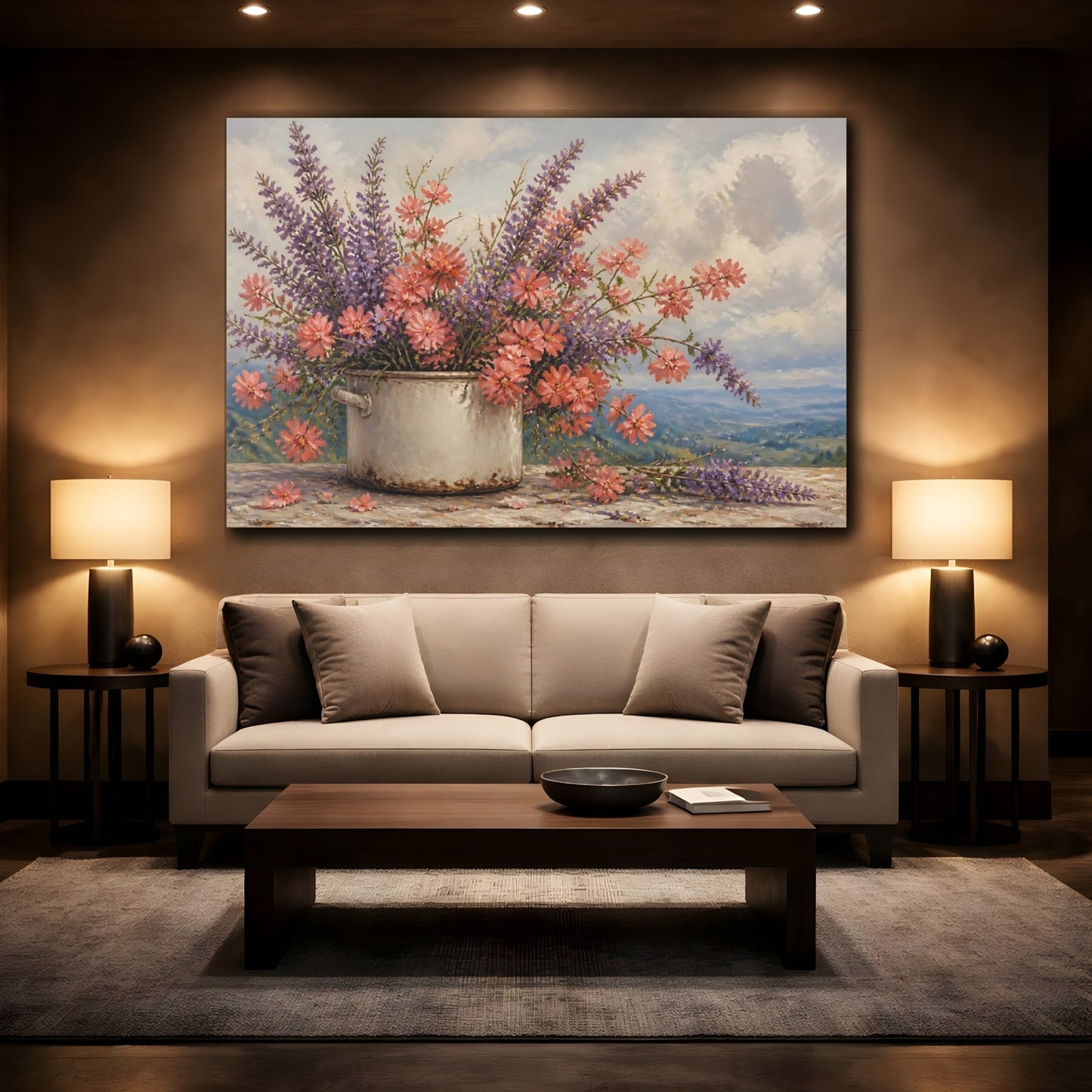 Mockup 2. Floral Wildflowers Pink Purple Flowers shown as stretched canvas wall art