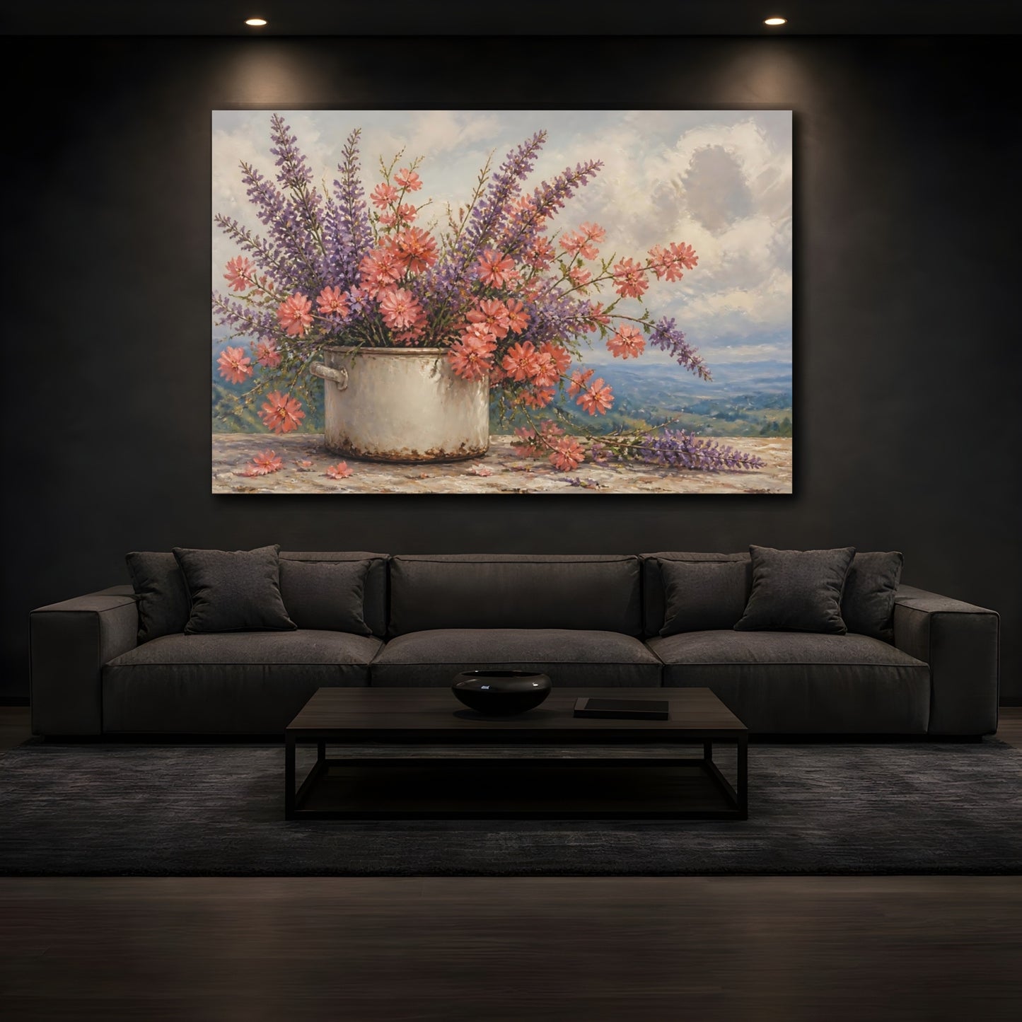 Mockup 3. Floral Wildflowers Pink Purple Flowers shown as stretched canvas wall art