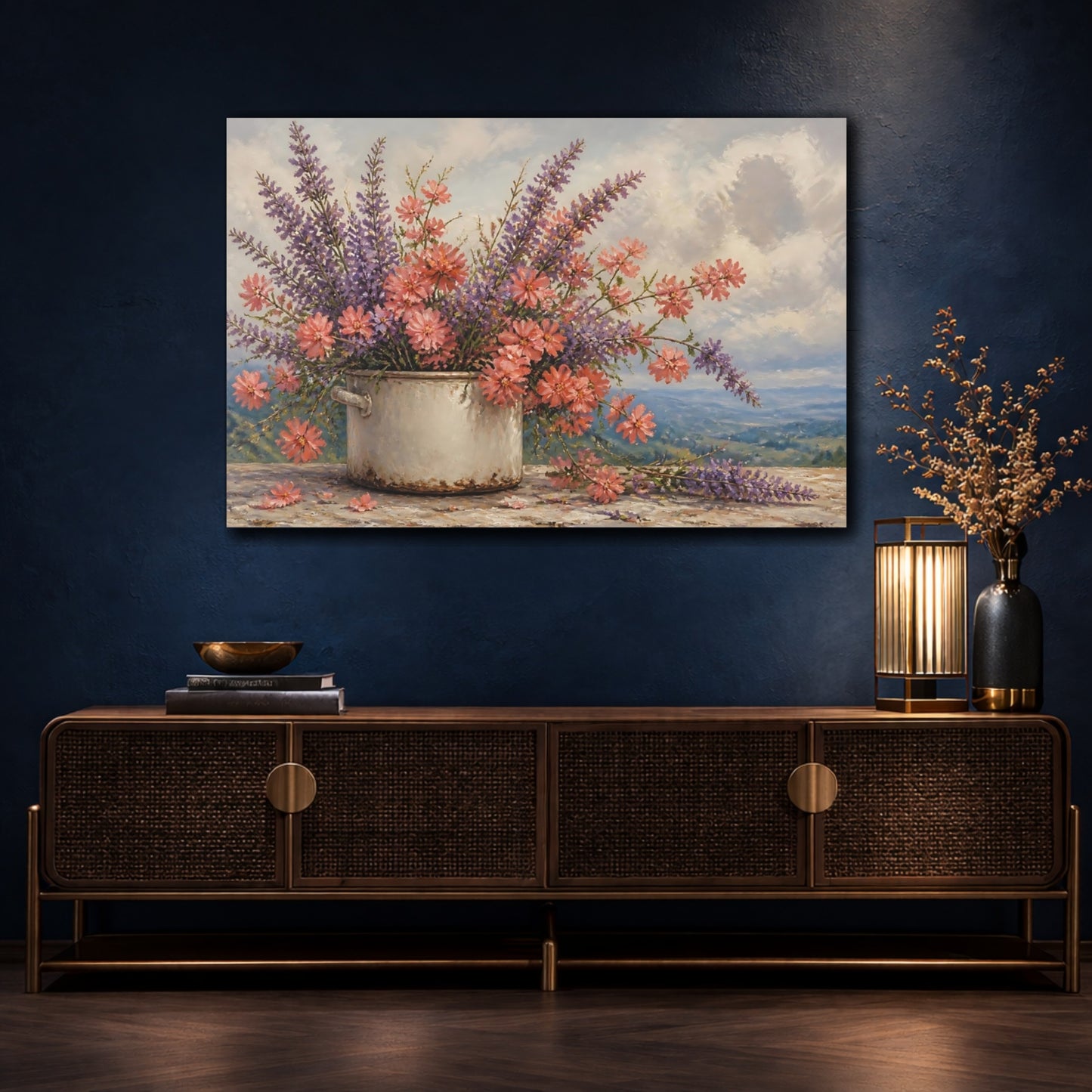Mockup 4. Floral Wildflowers Pink Purple Flowers shown as stretched canvas wall art