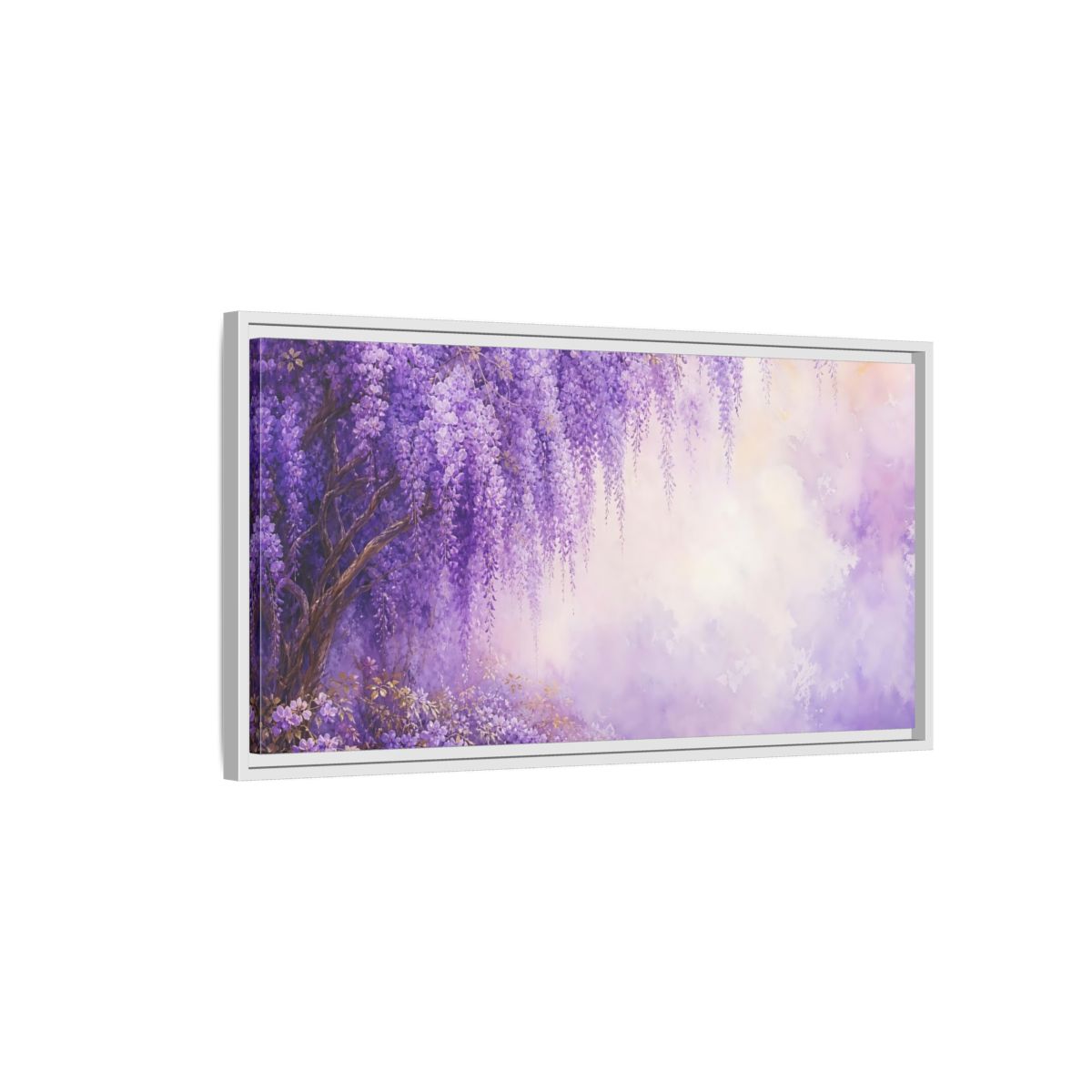 Side Mockup 1. Floral Wisteria Flowers Purple Wisteria shown as stretched canvas wall art