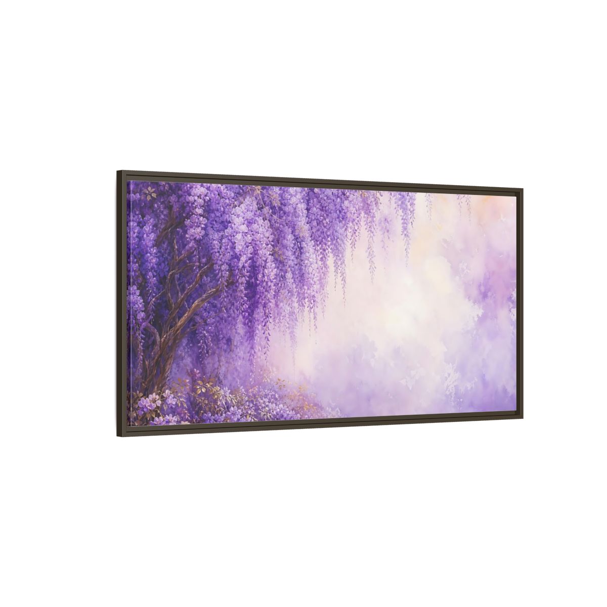 Side Mockup 4. Floral Wisteria Flowers Purple Wisteria shown as stretched canvas wall art
