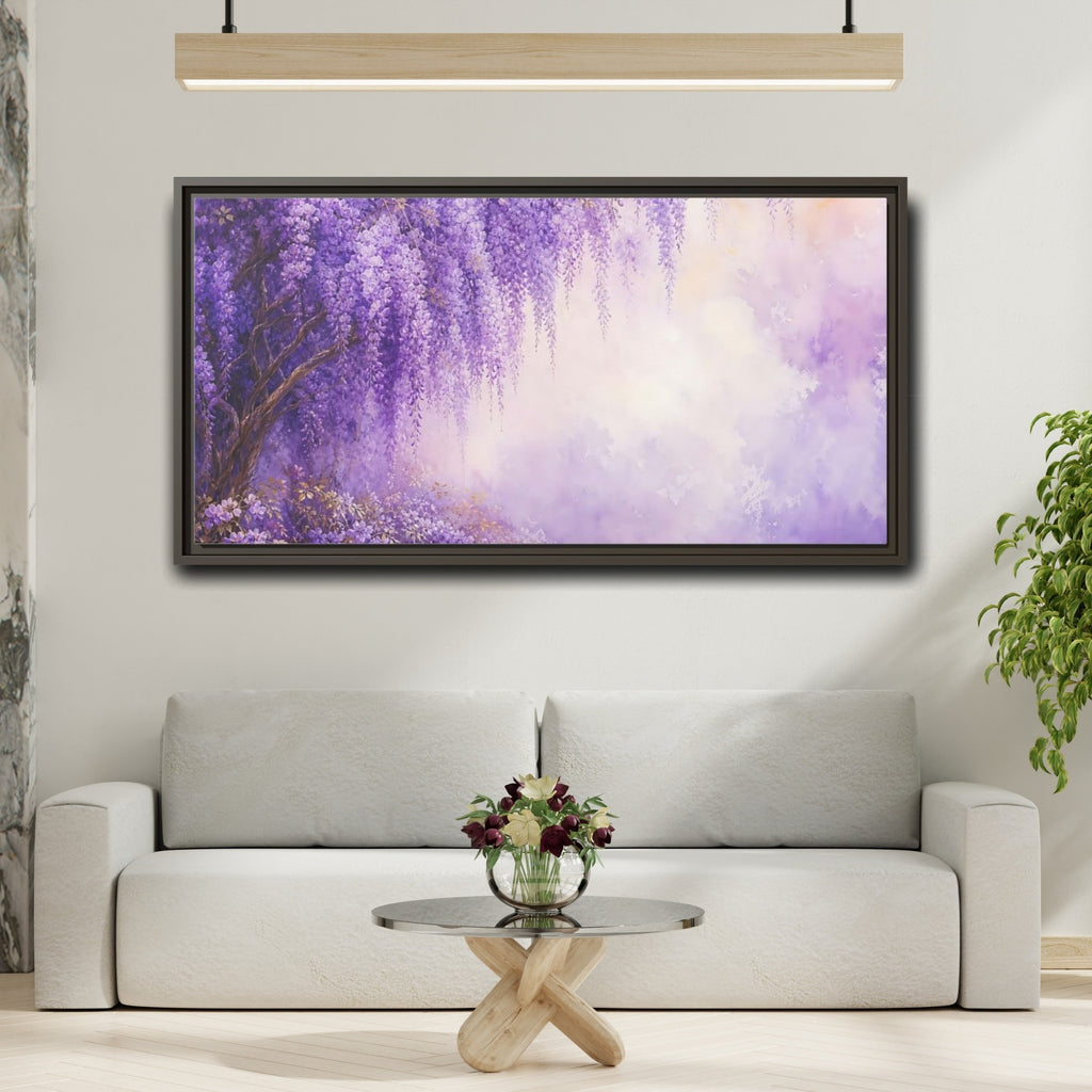 Mockup 2. Floral Wisteria Flowers Purple Wisteria shown as stretched canvas wall art