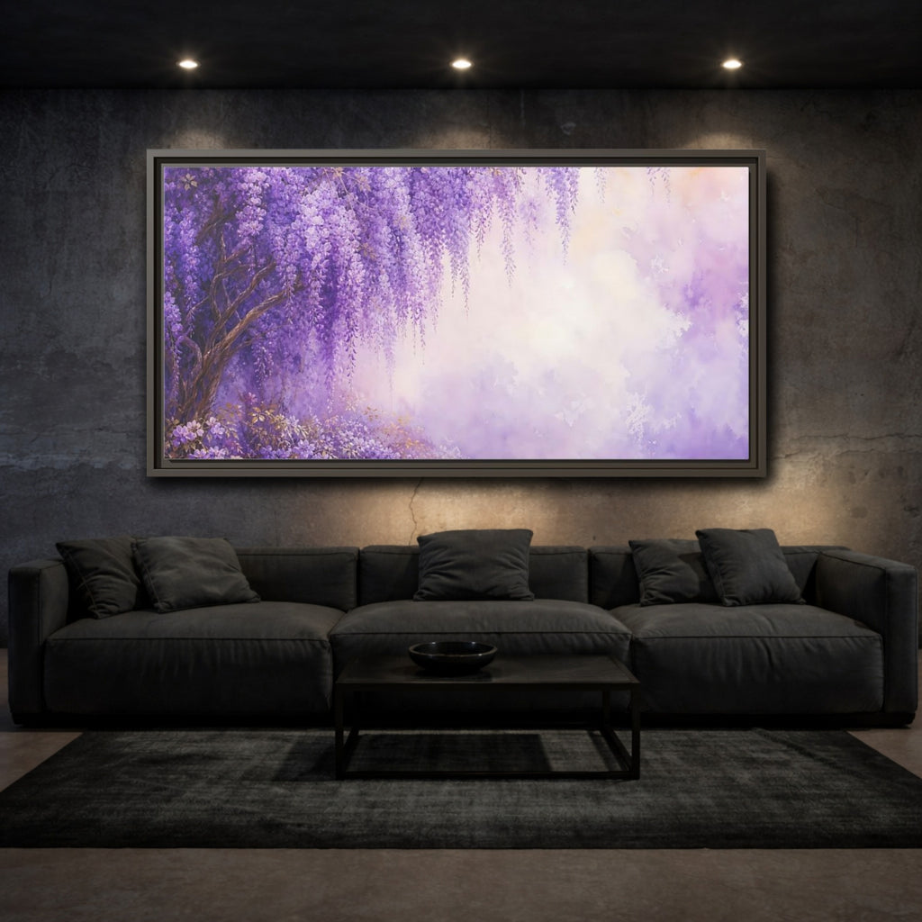 Mockup 3. Floral Wisteria Flowers Purple Wisteria shown as stretched canvas wall art