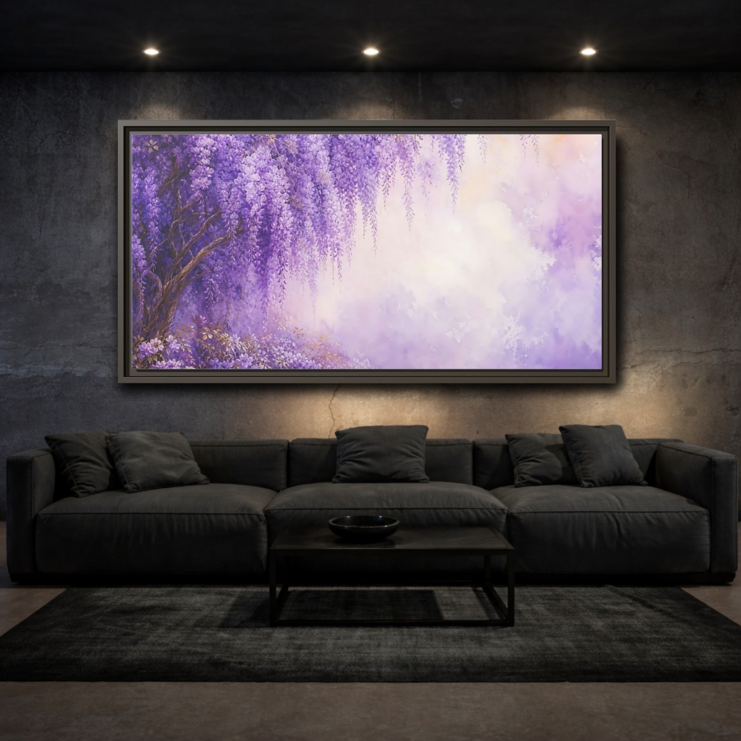 Mockup 3. Floral Wisteria Flowers Purple Wisteria shown as stretched canvas wall art