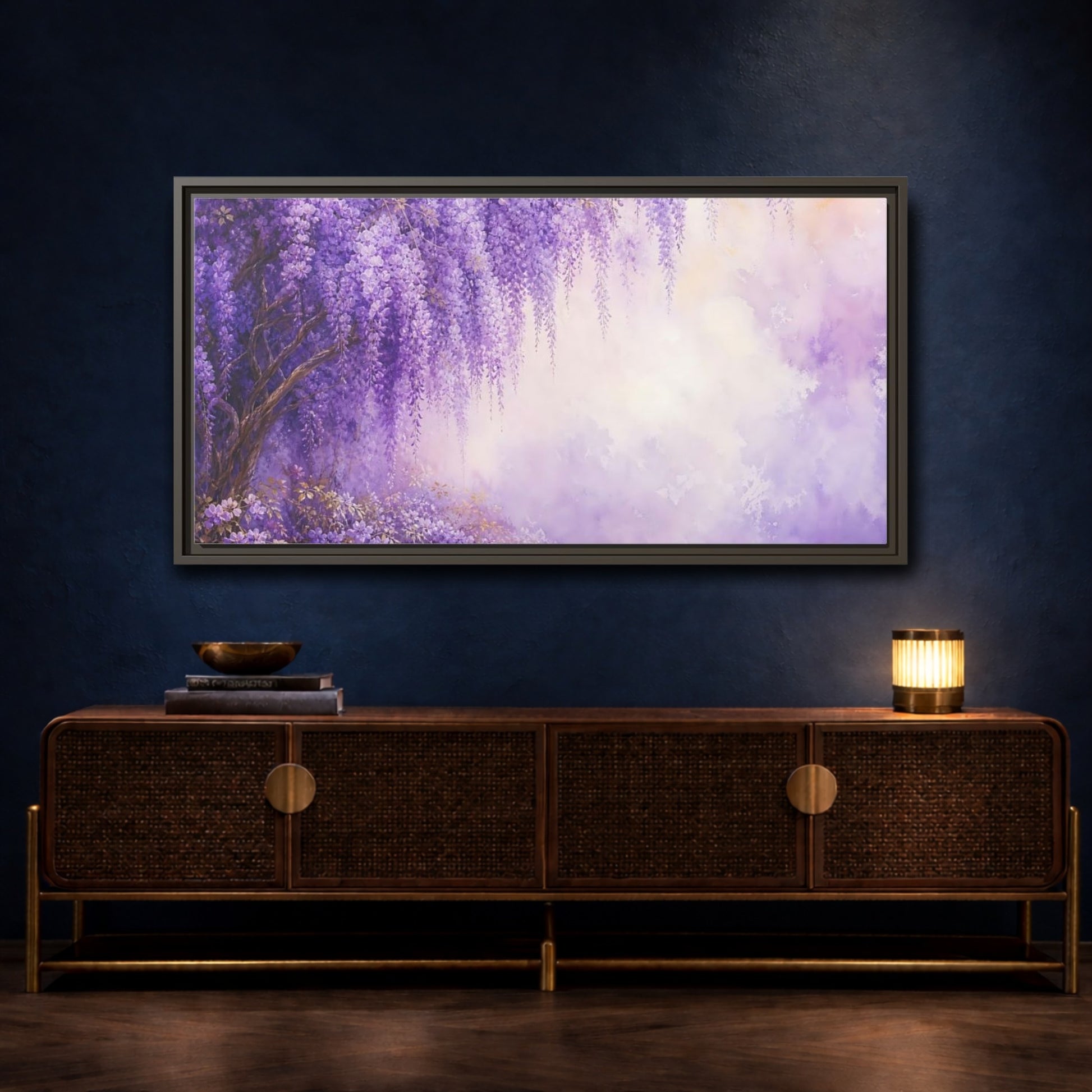 Mockup 4. Floral Wisteria Flowers Purple Wisteria shown as stretched canvas wall art