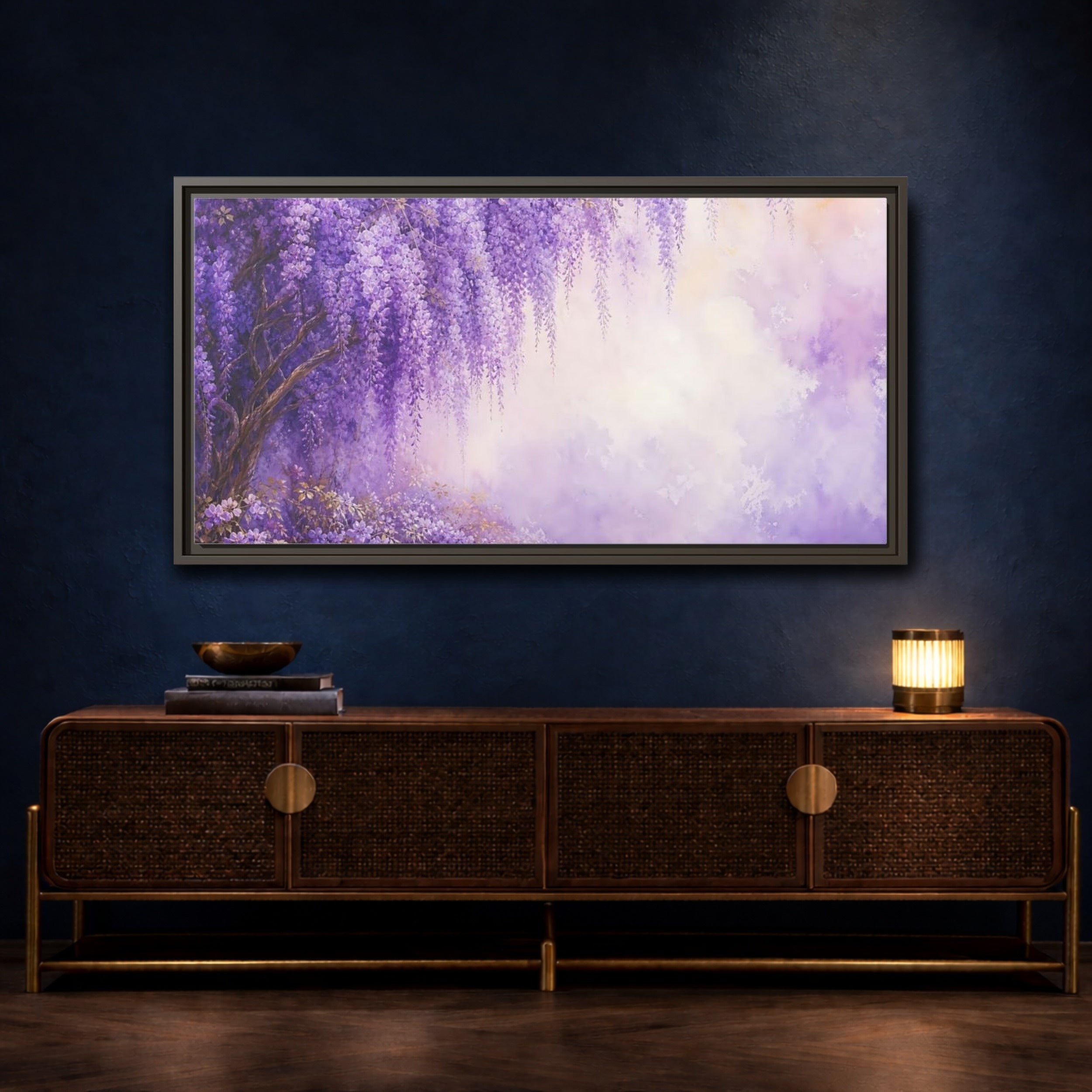 Mockup 4. Floral Wisteria Flowers Purple Wisteria shown as stretched canvas wall art