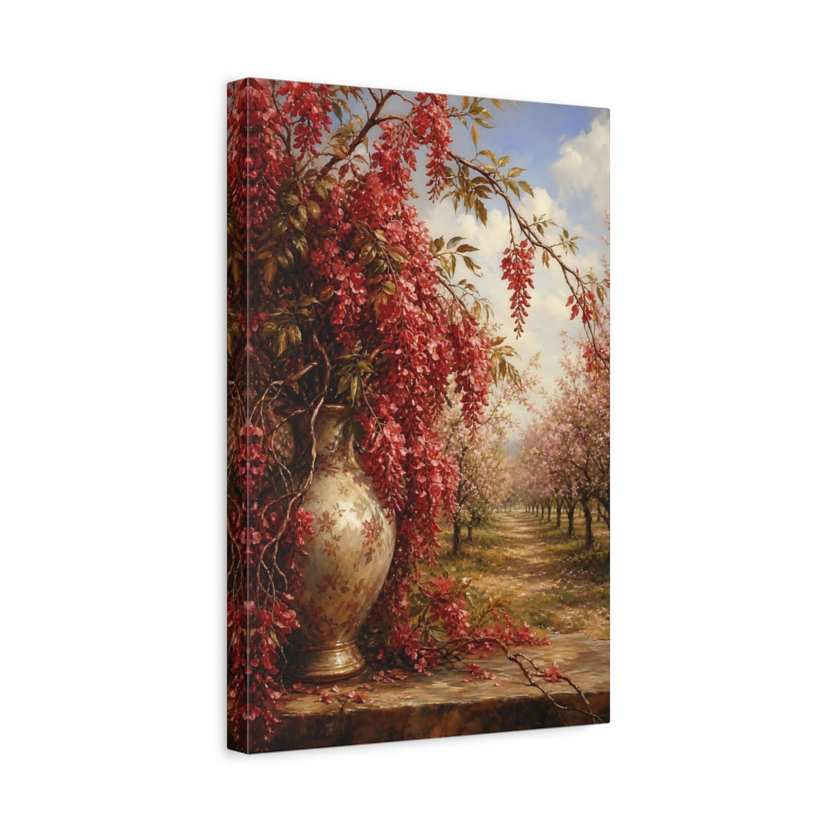 Side Mockup 4. Floral Wisteria Flowers Red Floral shown as stretched canvas wall art