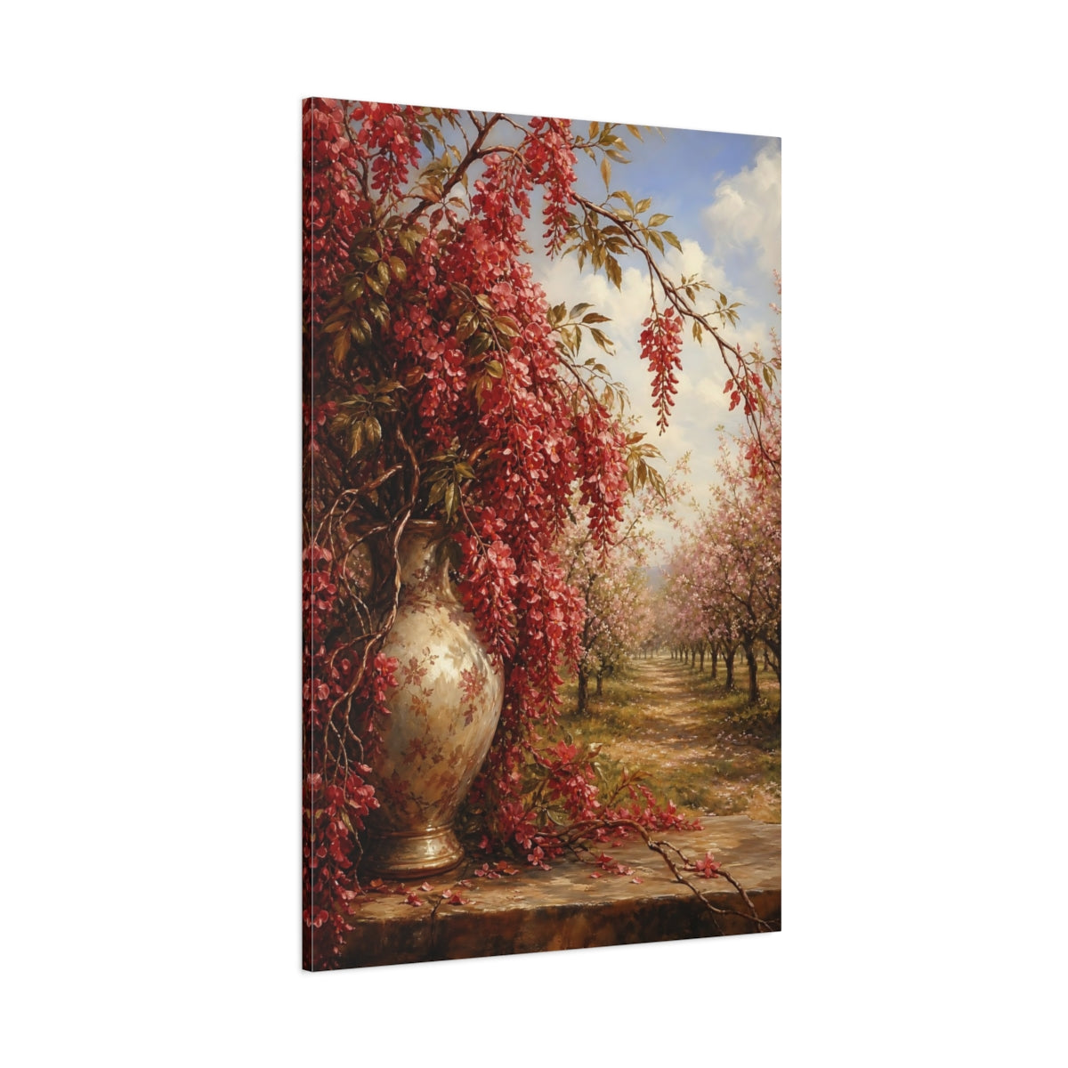 Side Mockup 1. Floral Wisteria Flowers Red Floral shown as stretched canvas wall art