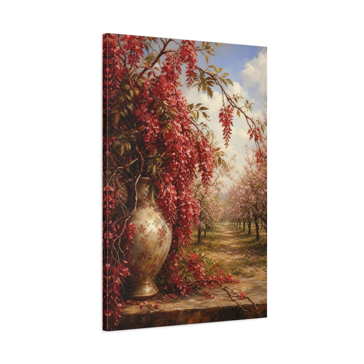 Main Mockup. Floral Wisteria Flowers Red Floral shown as stretched canvas wall art
