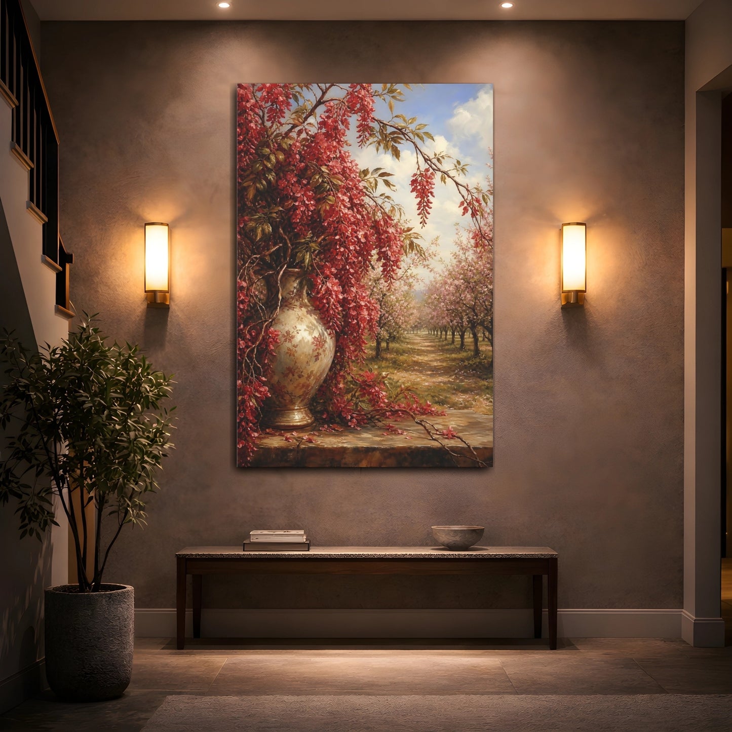 Mockup 2. Floral Wisteria Flowers Red Floral shown as stretched canvas wall art