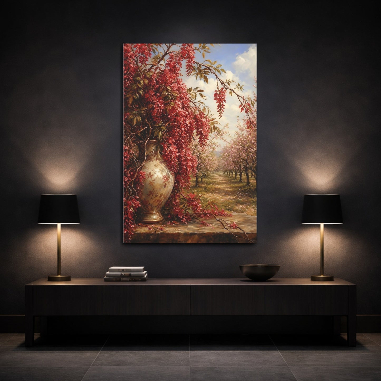 Mockup 3. Floral Wisteria Flowers Red Floral shown as stretched canvas wall art