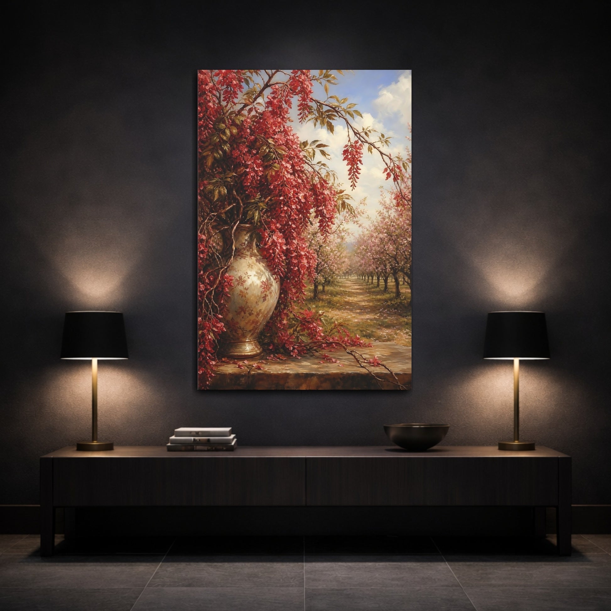 Mockup 3. Floral Wisteria Flowers Red Floral shown as stretched canvas wall art