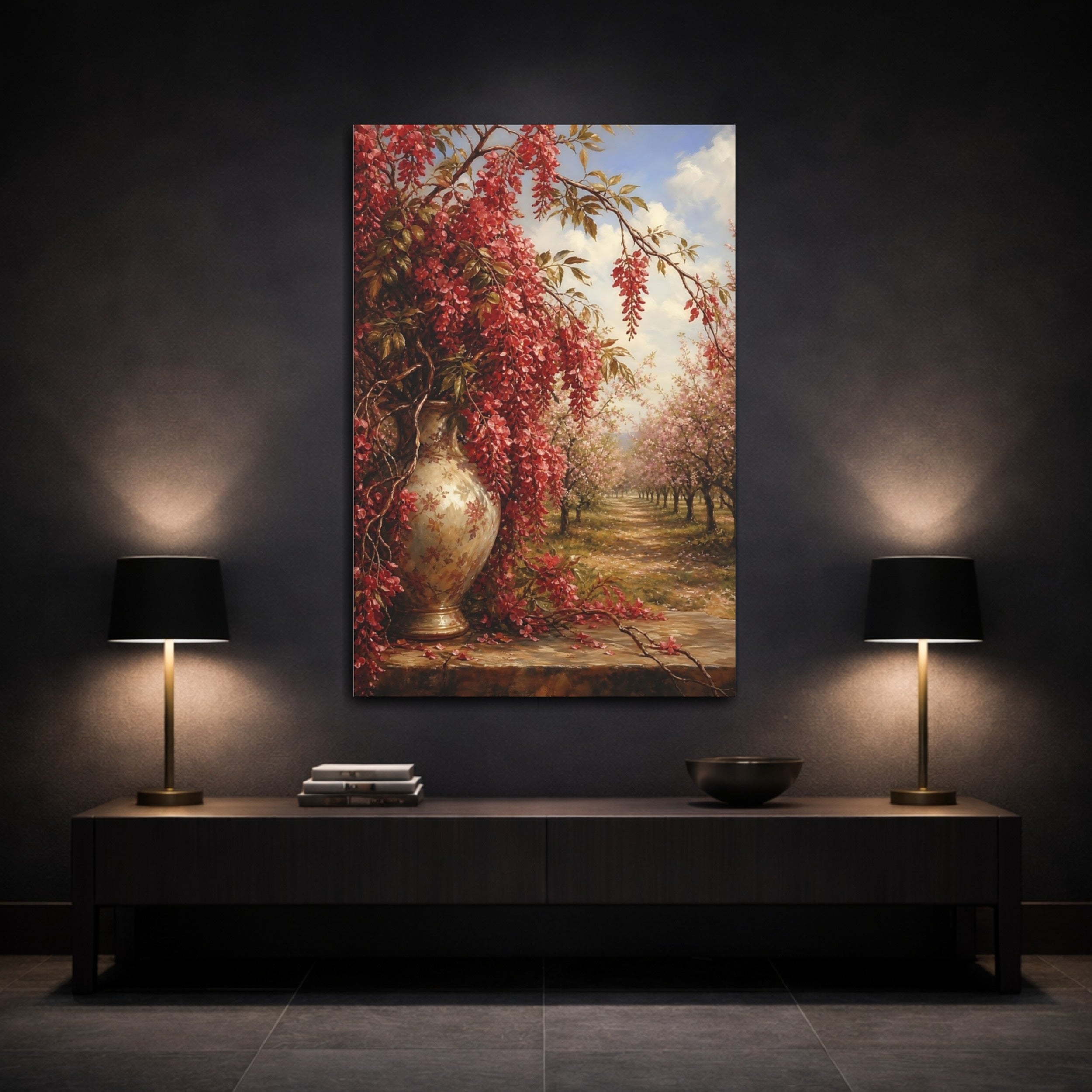 Mockup 3. Floral Wisteria Flowers Red Floral shown as stretched canvas wall art