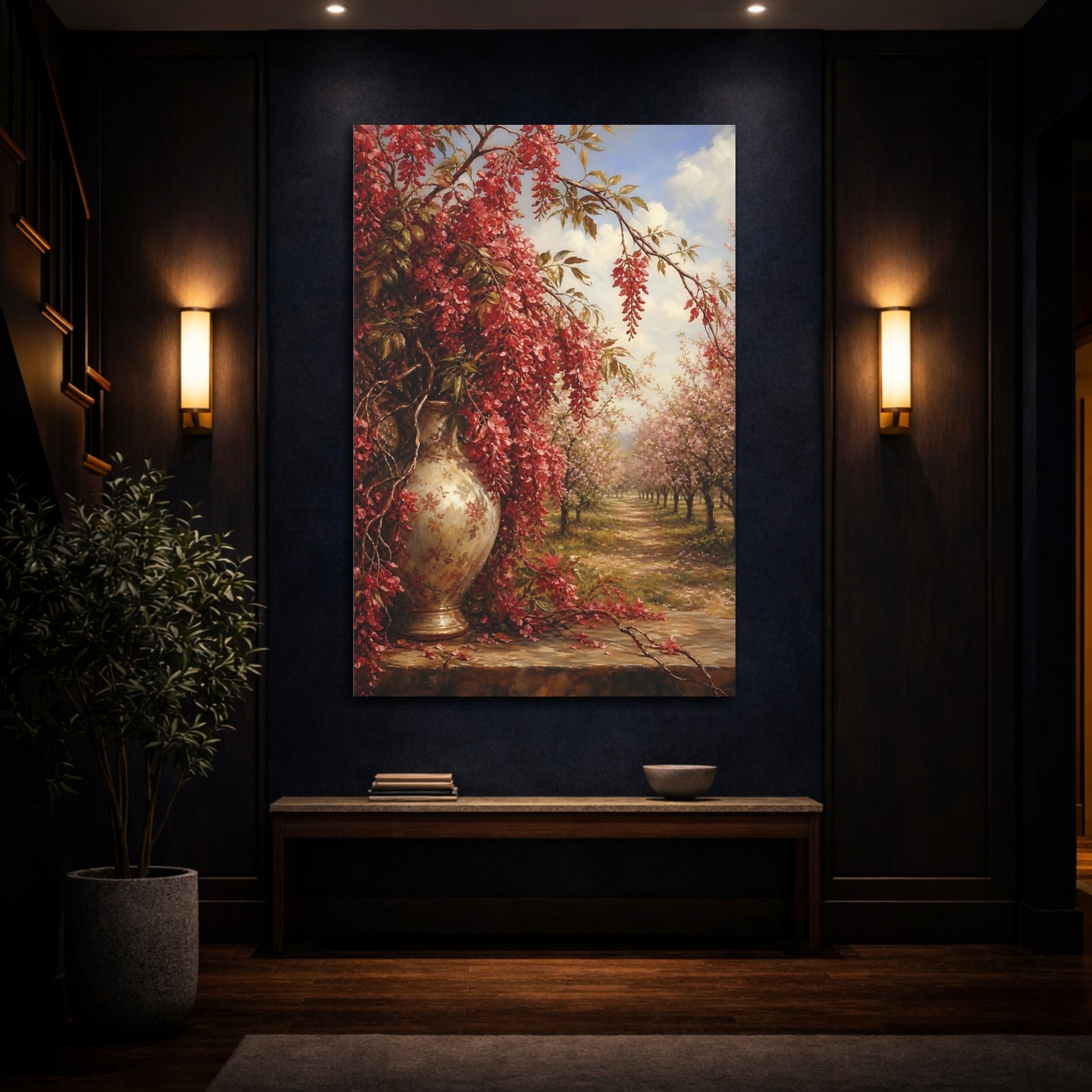 Mockup 4. Floral Wisteria Flowers Red Floral shown as stretched canvas wall art