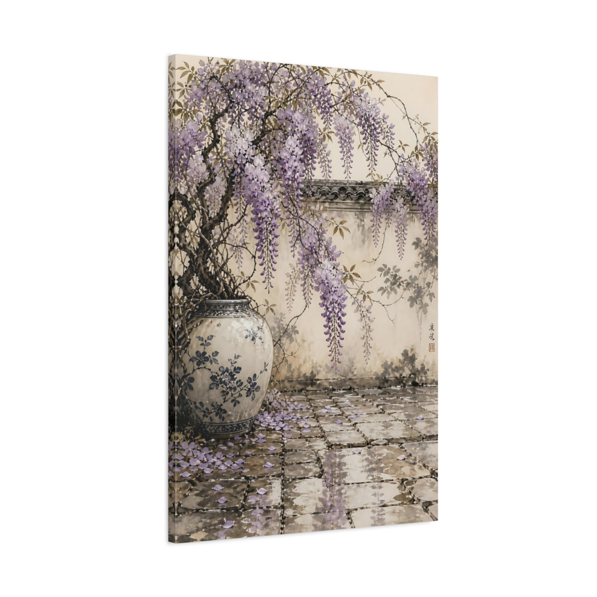 Main Mockup. Floral Wisteria Purple And Beige shown as stretched canvas wall art