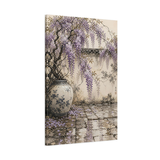 Main Mockup. Floral Wisteria Purple And Beige shown as stretched canvas wall art