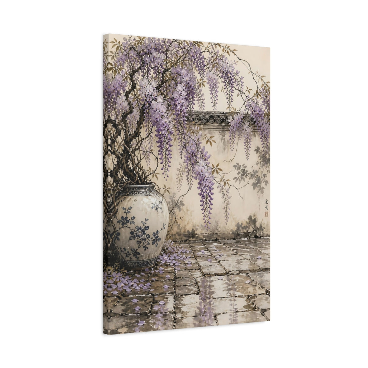 Side Mockup 2. Floral Wisteria Purple And Beige shown as stretched canvas wall art