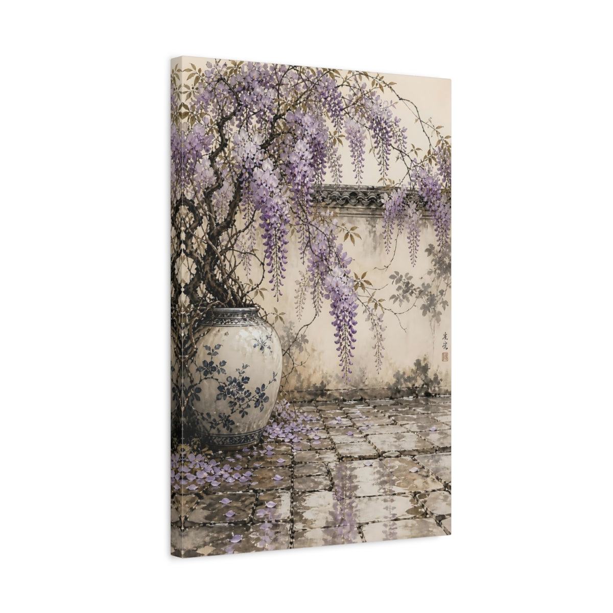 Side Mockup 3. Floral Wisteria Purple And Beige shown as stretched canvas wall art