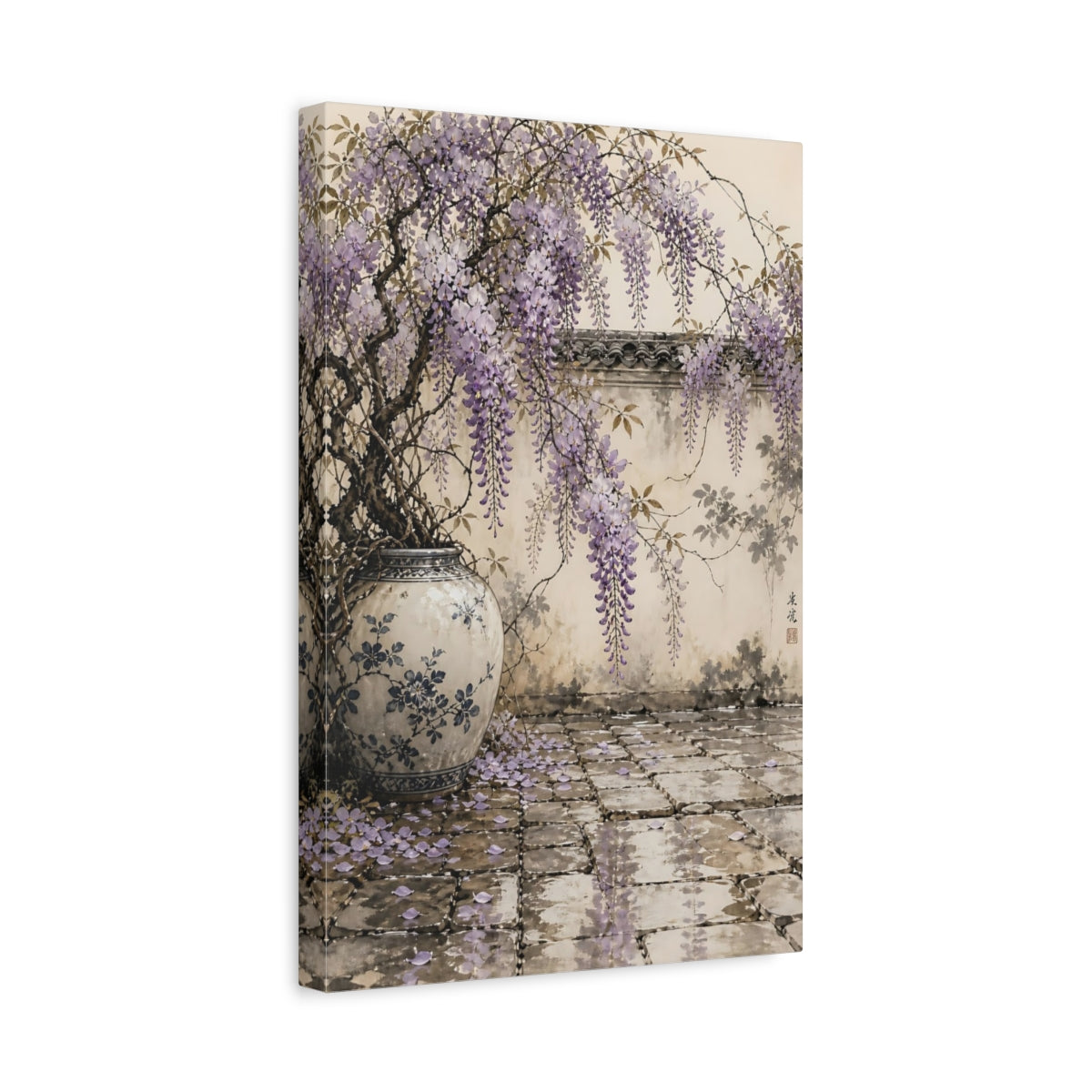 Side Mockup 4. Floral Wisteria Purple And Beige shown as stretched canvas wall art