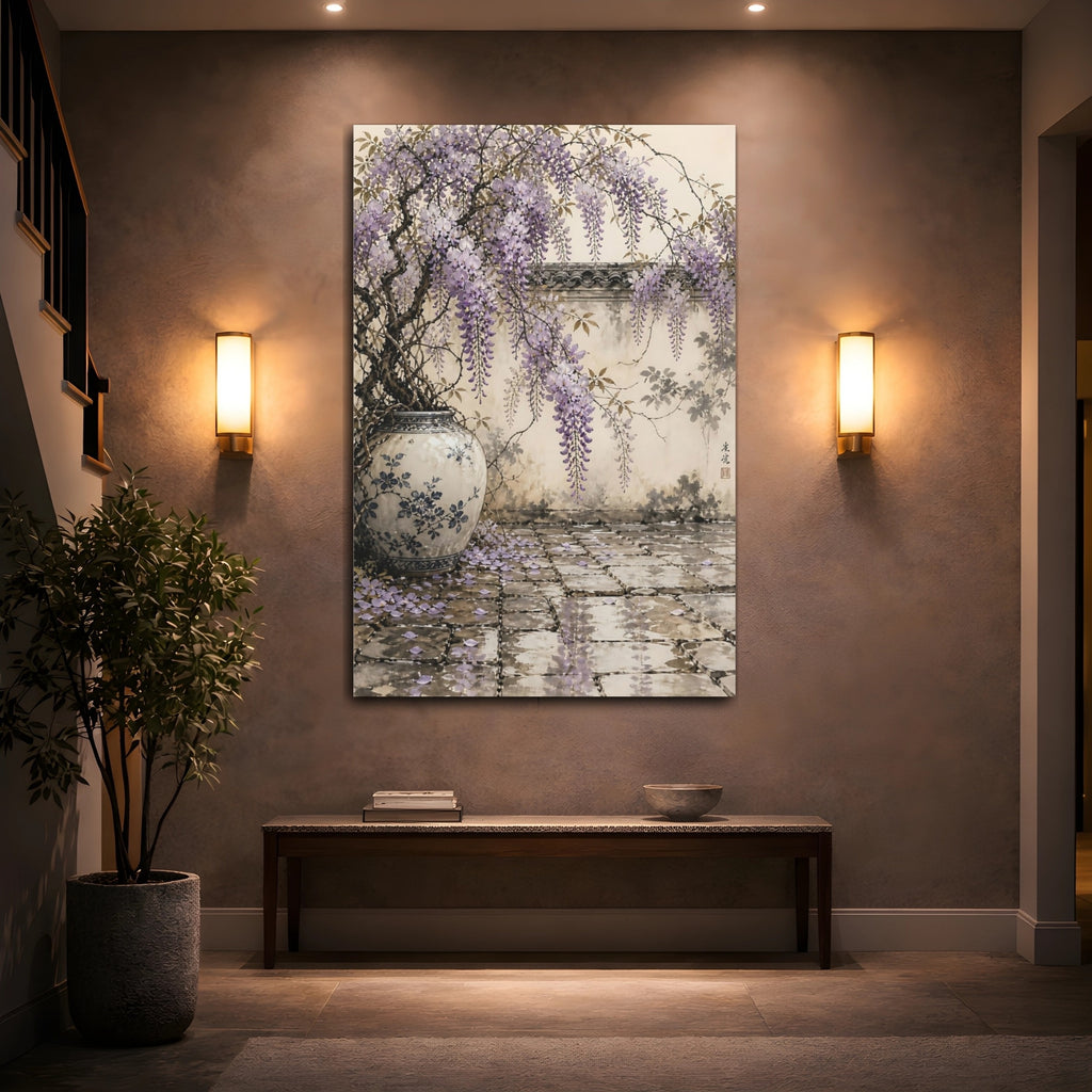 Mockup 2. Floral Wisteria Purple And Beige shown as stretched canvas wall art
