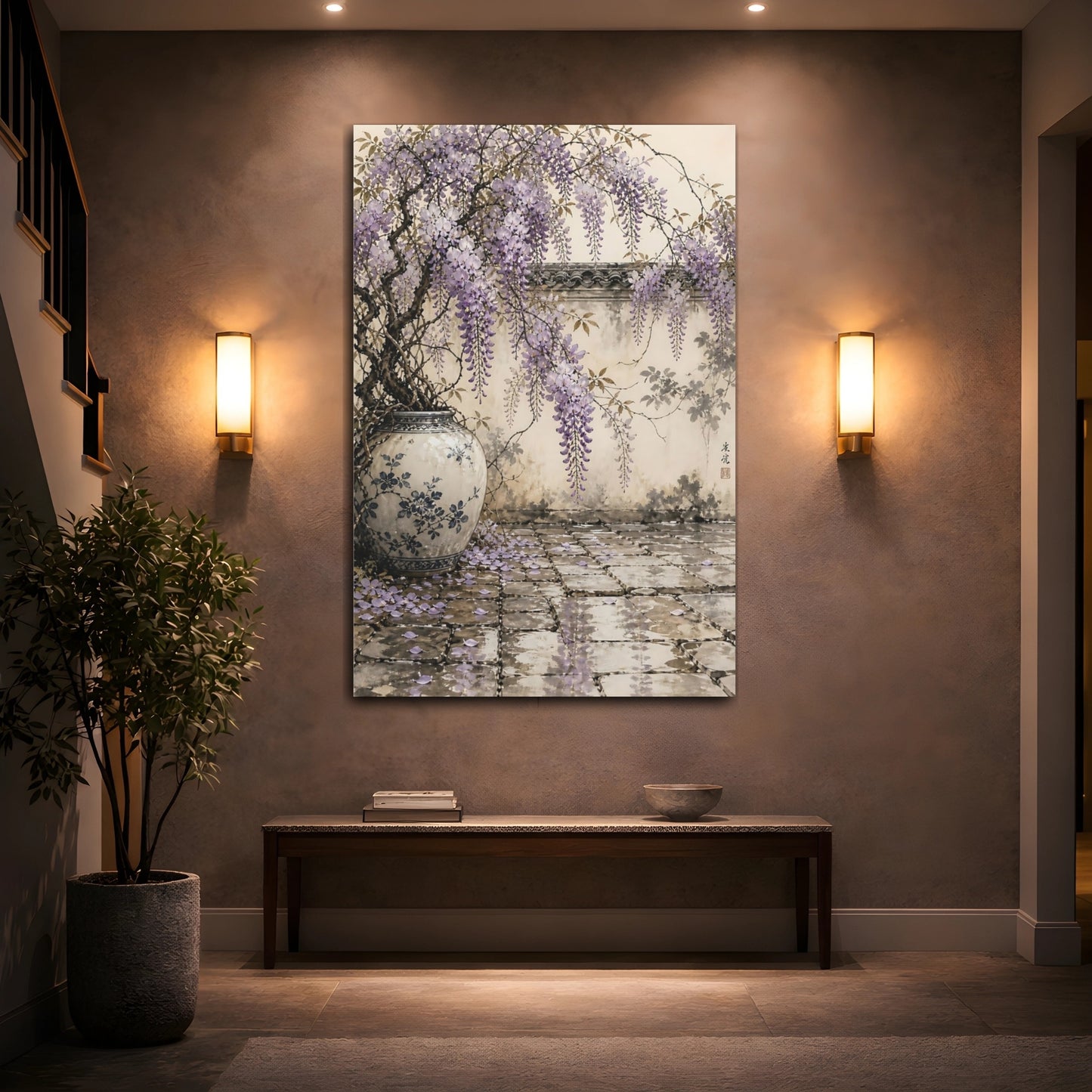 Mockup 2. Floral Wisteria Purple And Beige shown as stretched canvas wall art
