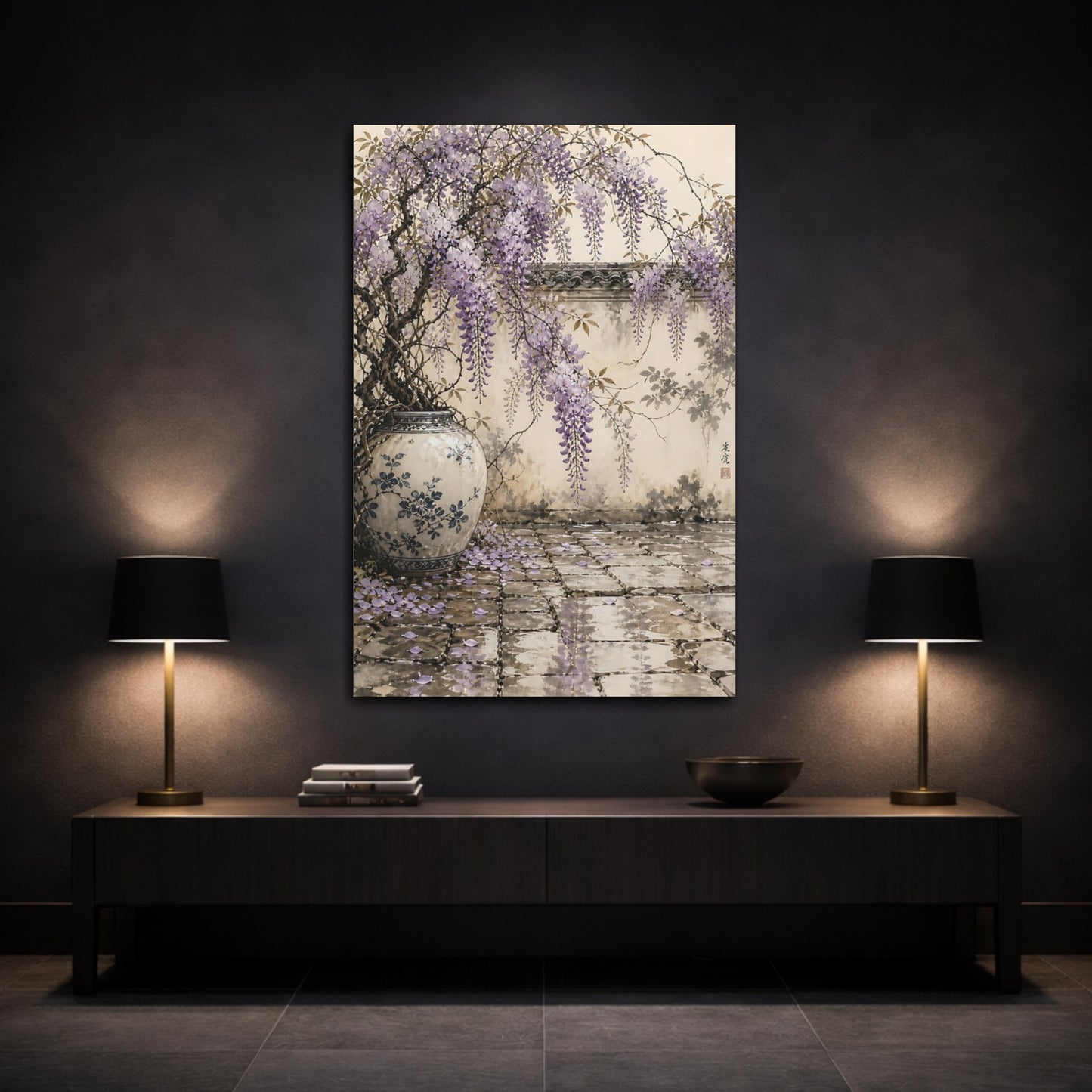 Mockup 3. Floral Wisteria Purple And Beige shown as stretched canvas wall art