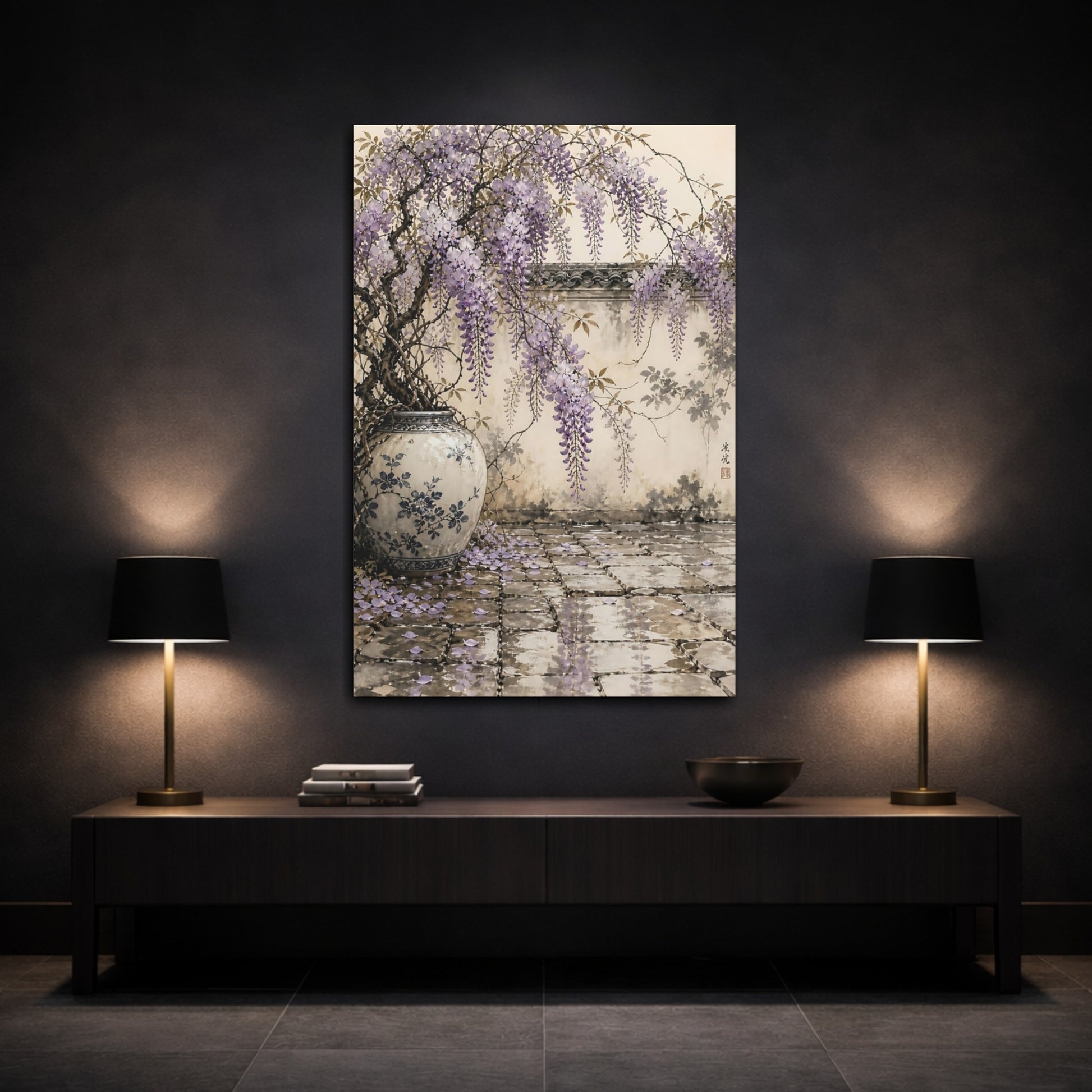 Mockup 3. Floral Wisteria Purple And Beige shown as stretched canvas wall art