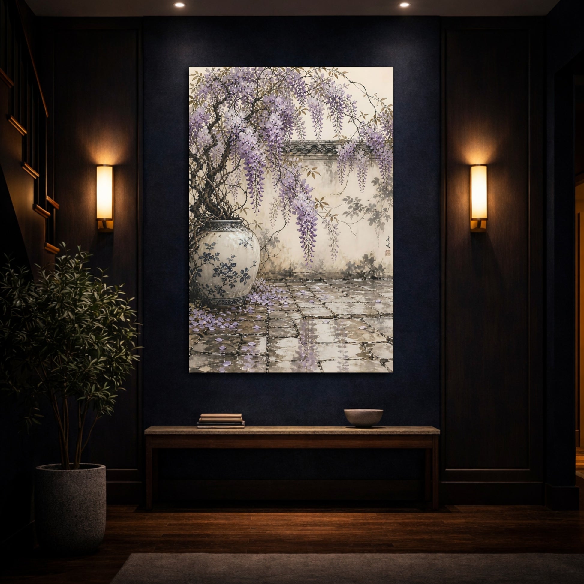 Mockup 4. Floral Wisteria Purple And Beige shown as stretched canvas wall art