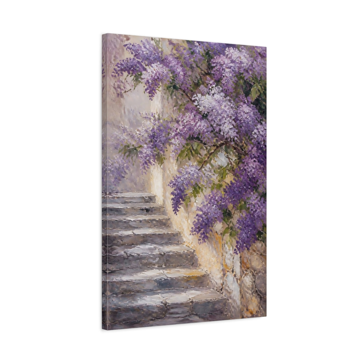 Side Mockup 2. Floral Wisteria Purple Wisteria shown as stretched canvas wall art