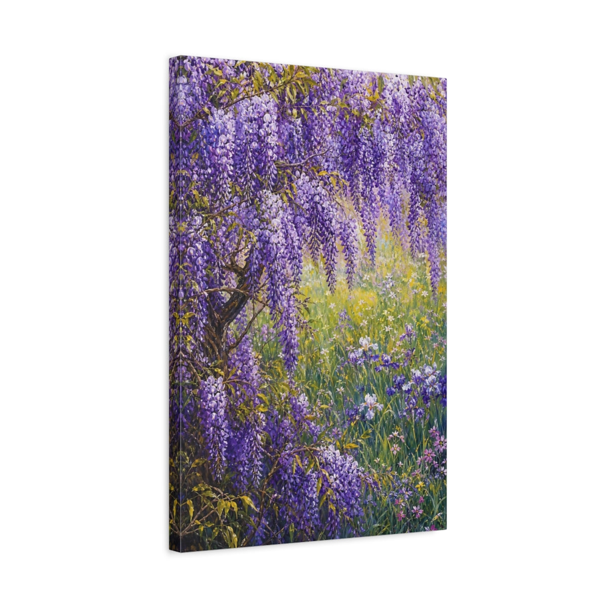Side Mockup 3. Floral Wisteria Purple Wisteria shown as stretched canvas wall art