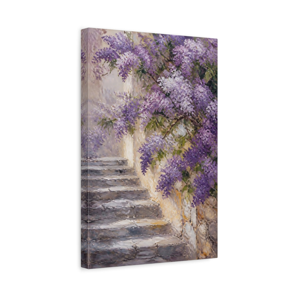 Side Mockup 4. Floral Wisteria Purple Wisteria shown as stretched canvas wall art