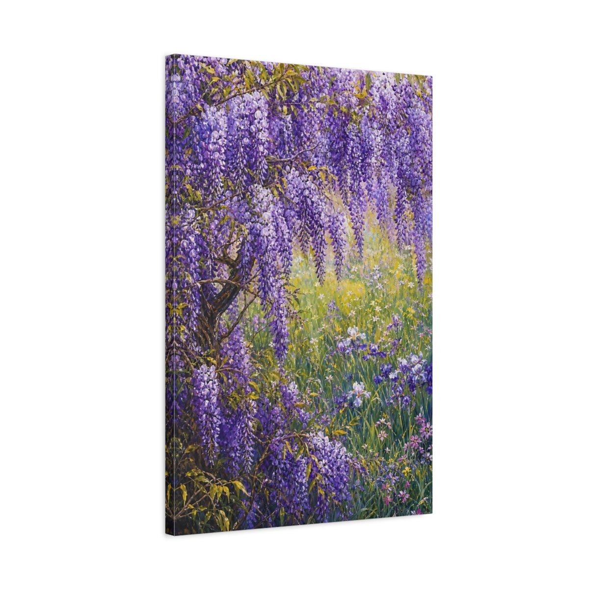 Side Mockup 2. Floral Wisteria Purple Wisteria shown as stretched canvas wall art
