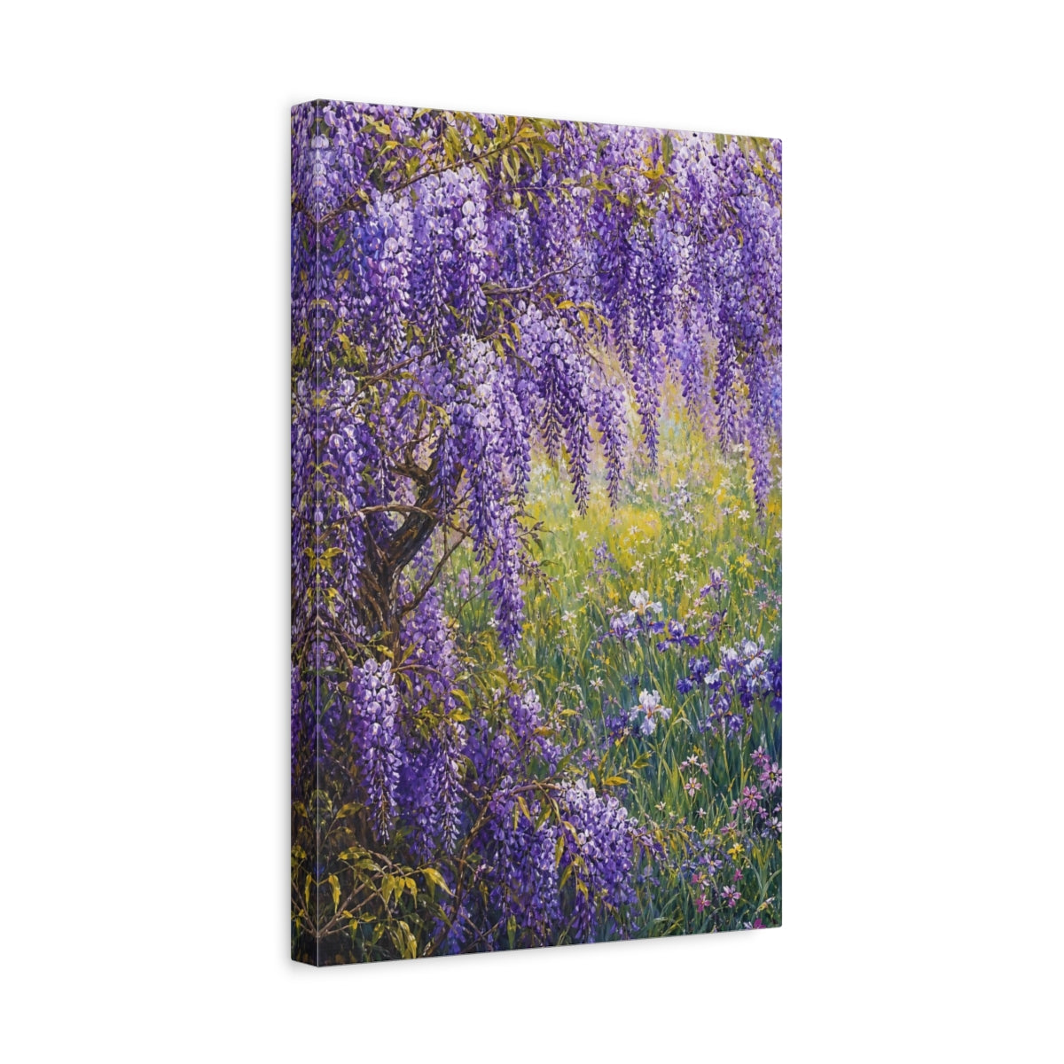 Side Mockup 4. Floral Wisteria Purple Wisteria shown as stretched canvas wall art