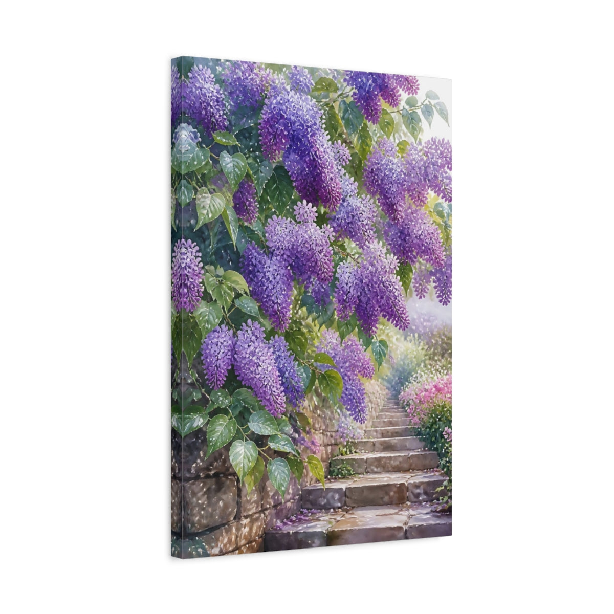 Side Mockup 3. Floral Wisteria Purple Wisteria shown as stretched canvas wall art