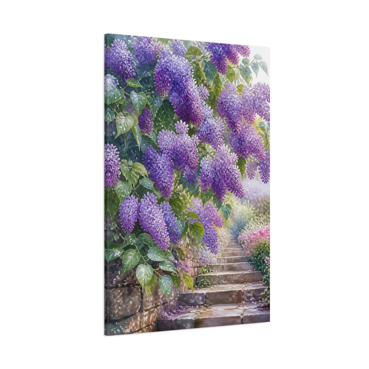 Side Mockup 1. Floral Wisteria Purple Wisteria shown as stretched canvas wall art