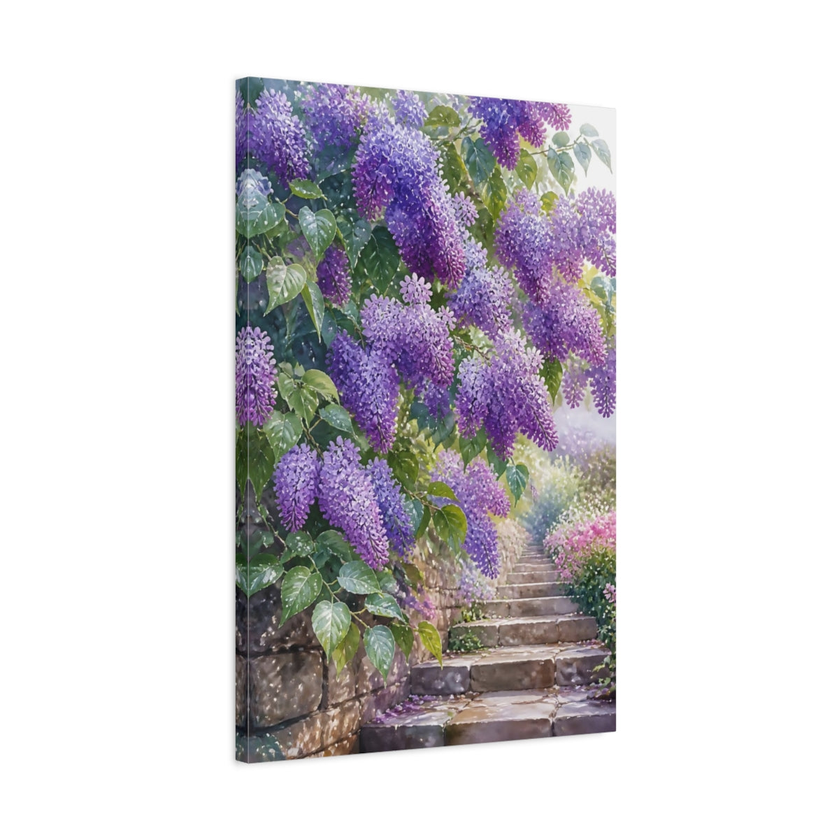 Side Mockup 2. Floral Wisteria Purple Wisteria shown as stretched canvas wall art