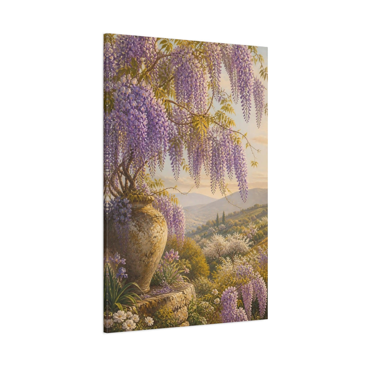 Side Mockup 1. Floral Wisteria Purple Wisteria shown as stretched canvas wall art