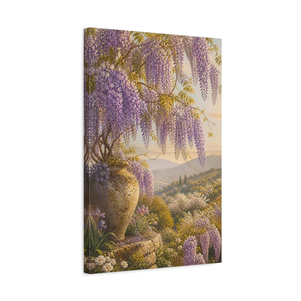 Side Mockup 3. Floral Wisteria Purple Wisteria shown as stretched canvas wall art