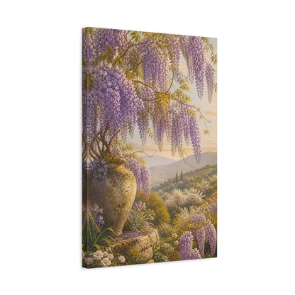 Side Mockup 3. Floral Wisteria Purple Wisteria shown as stretched canvas wall art