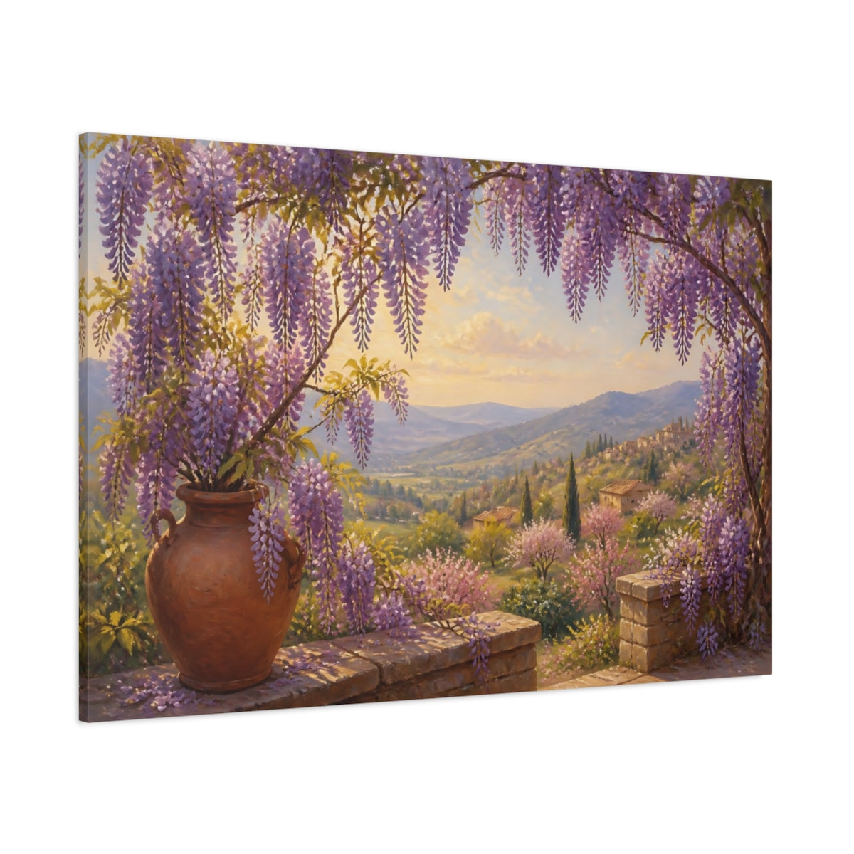 Side Mockup 1. Floral Wisteria Purple Wisteria Landscape shown as stretched canvas wall art
