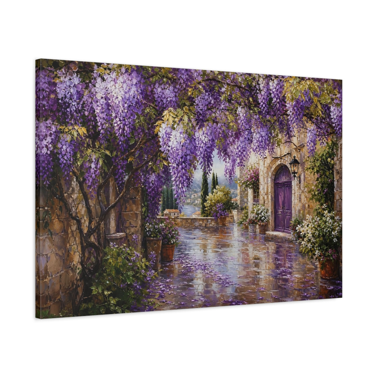 Main Mockup. Floral Wisteria Purple Wisteria shown as stretched canvas wall art