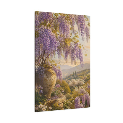Main Mockup. Floral Wisteria Purple Wisteria shown as stretched canvas wall art