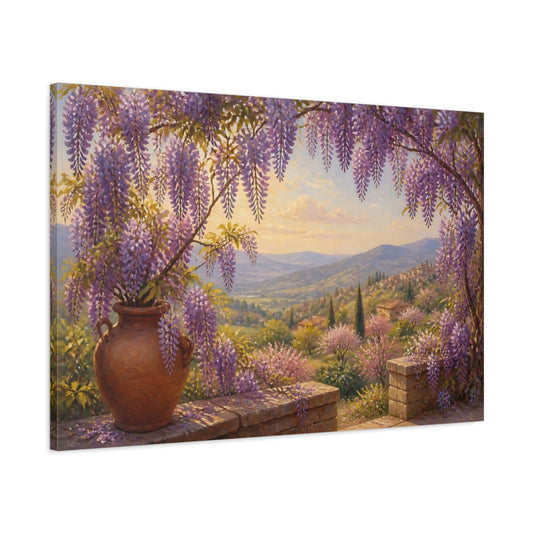 Main Mockup. Floral Wisteria Purple Wisteria Landscape shown as stretched canvas wall art