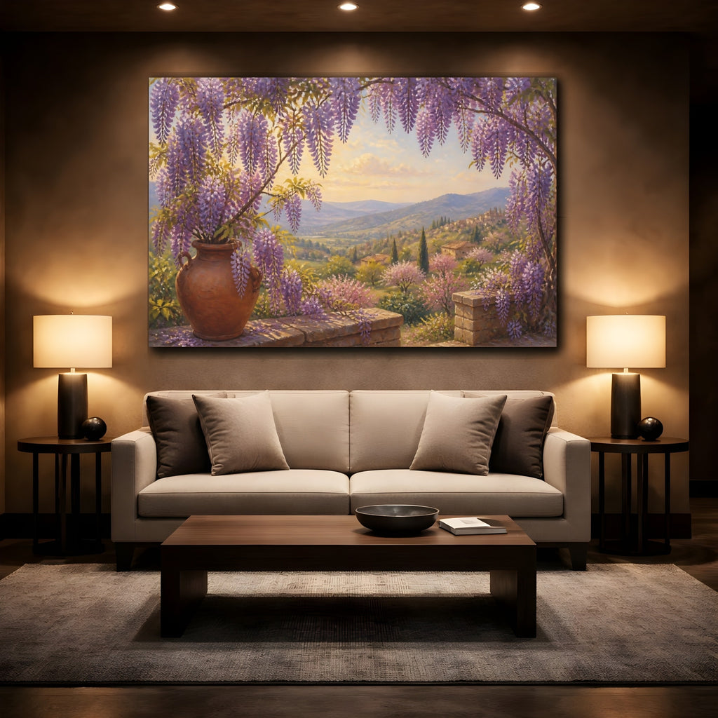 Mockup 2. Floral Wisteria Purple Wisteria Landscape shown as stretched canvas wall art