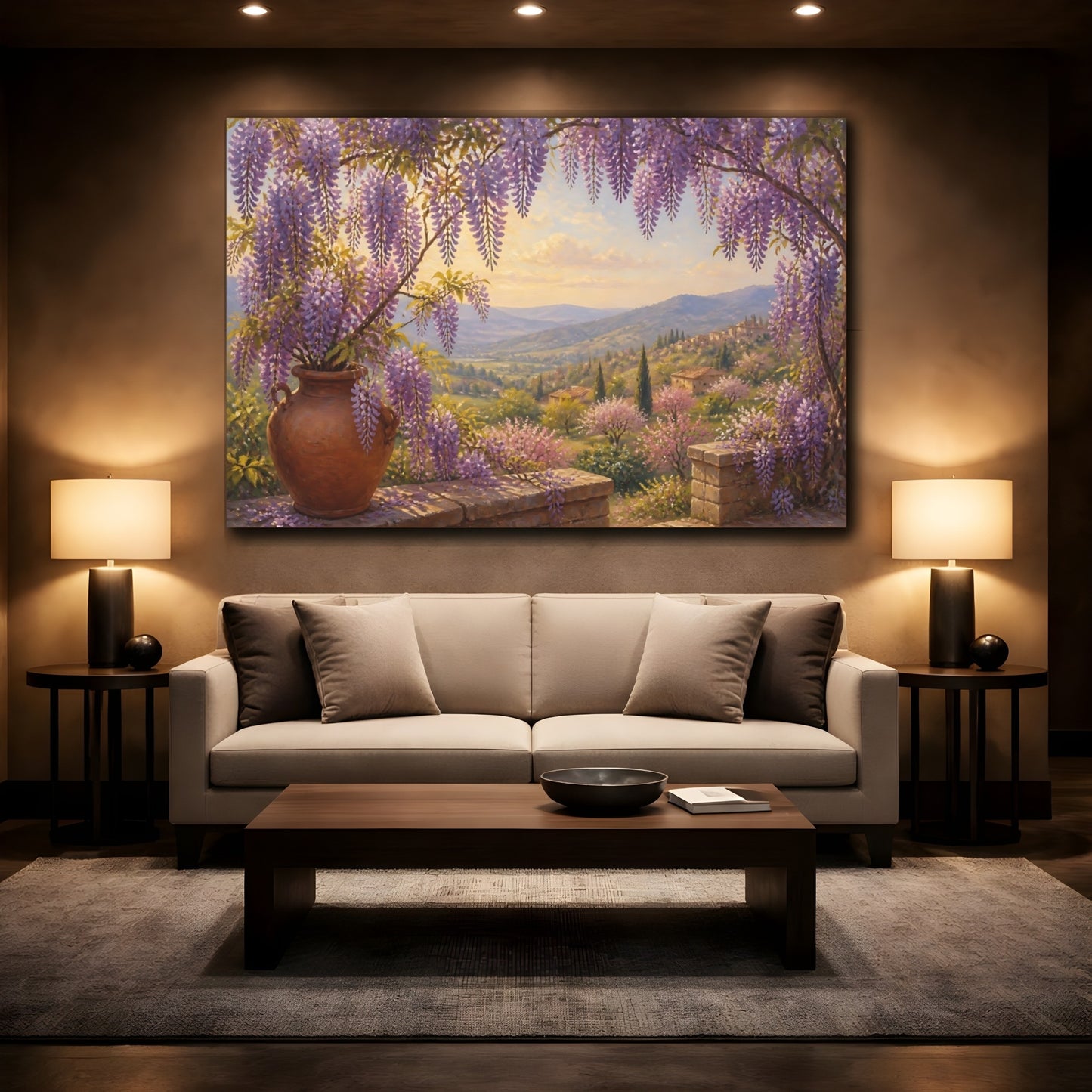 Mockup 2. Floral Wisteria Purple Wisteria Landscape shown as stretched canvas wall art